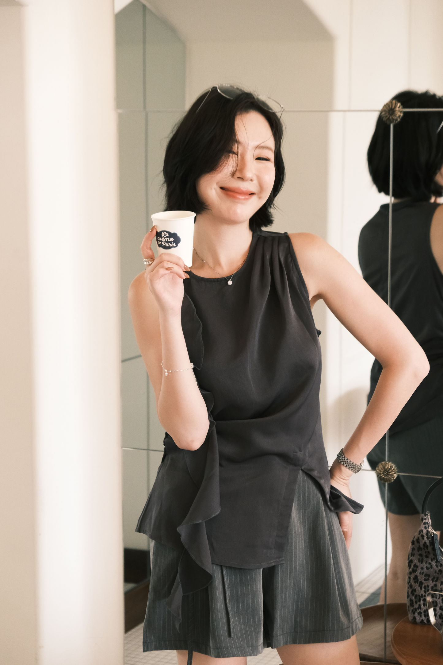 Amelie Pinstripe Tie-Waist Shorts in Grey