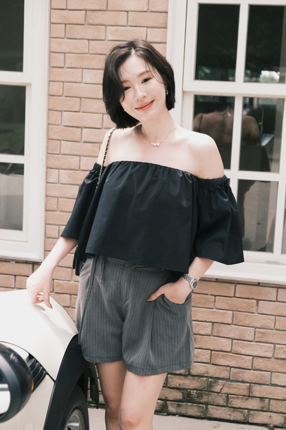 Amelie Pinstripe Tie-Waist Shorts in Grey