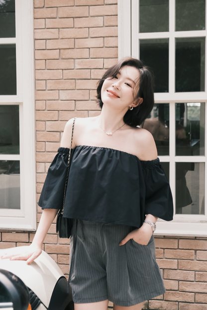 Amelie Pinstripe Tie-Waist Shorts in Grey