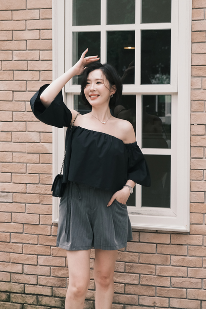 Amelie Pinstripe Tie-Waist Shorts in Grey