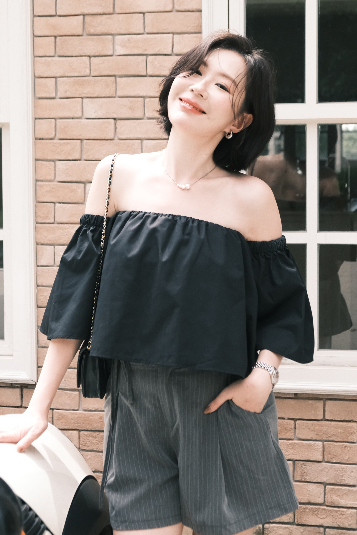 Amelie Pinstripe Tie-Waist Shorts in Grey