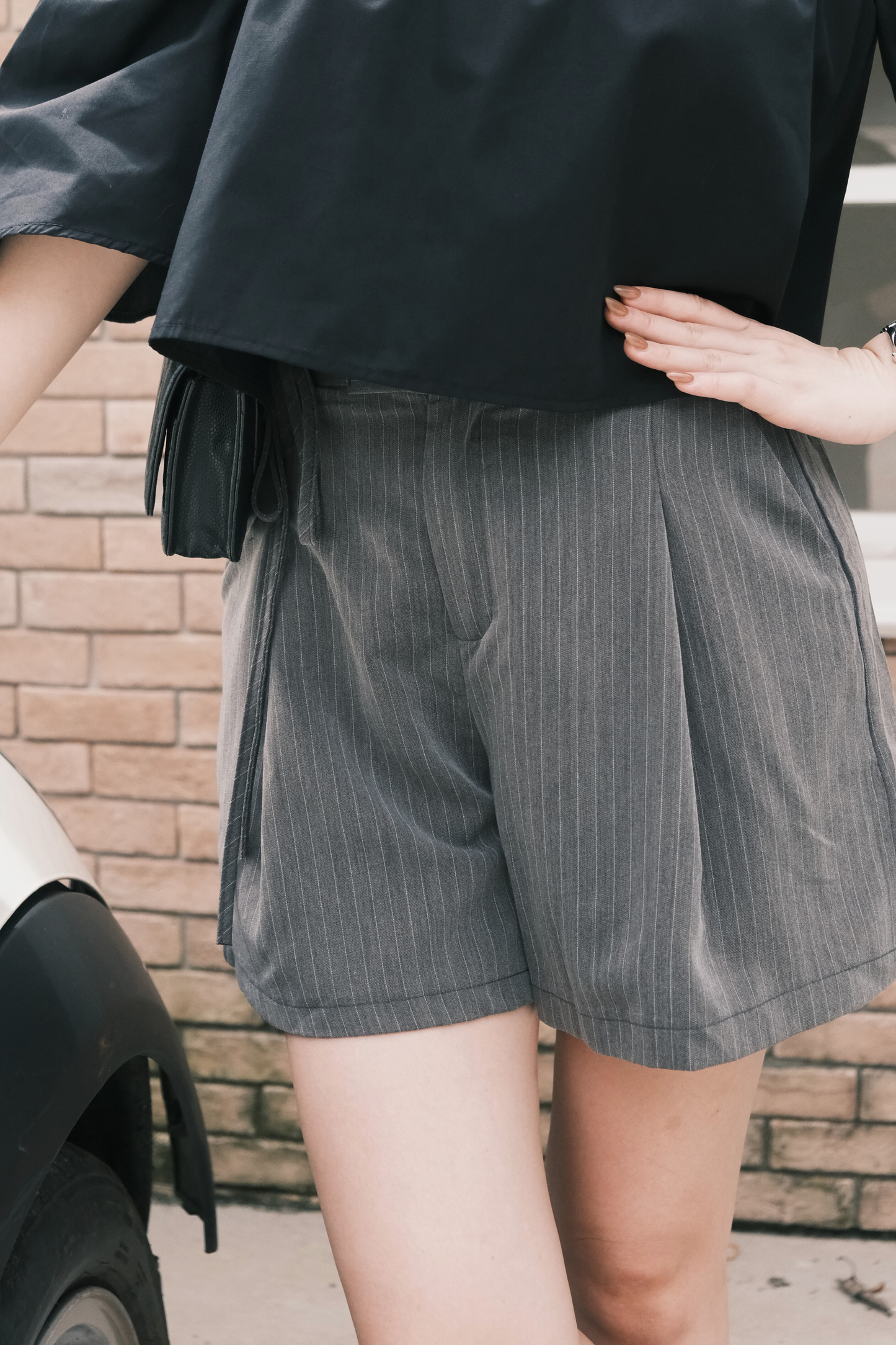 Amelie Pinstripe Tie-Waist Shorts in Grey