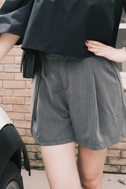 Amelie Pinstripe Tie-Waist Shorts in Grey