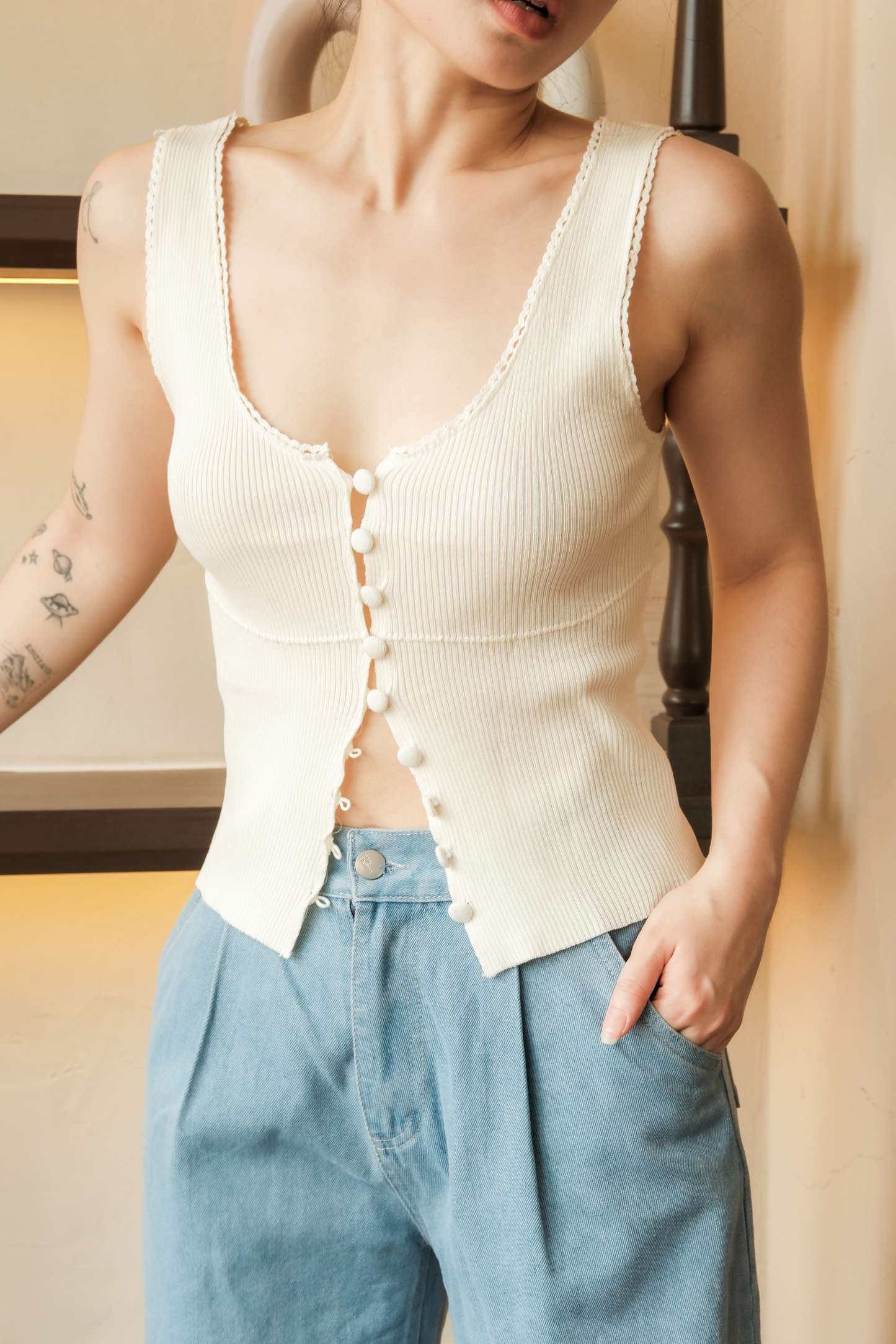 Élise Knit Button Tank in Beige