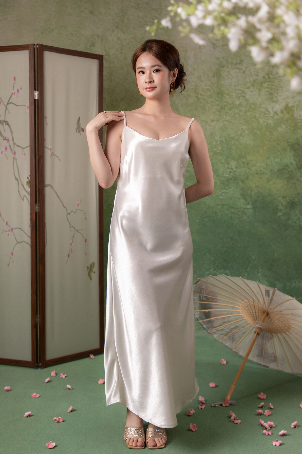 Silk Cascade Slip Dress in Ivory