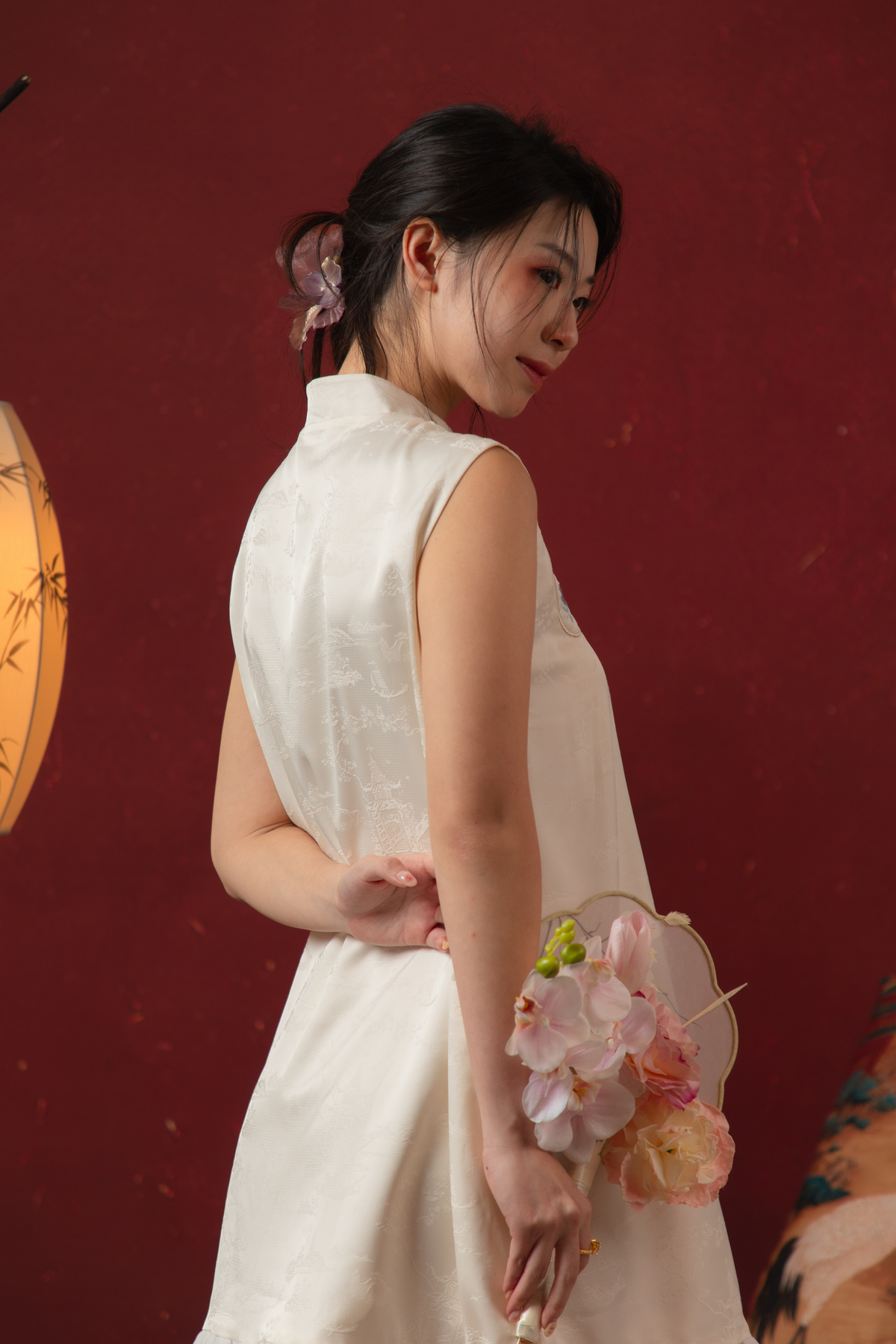 Butterfly Bloom Ruffle Cheongsam Dress in White