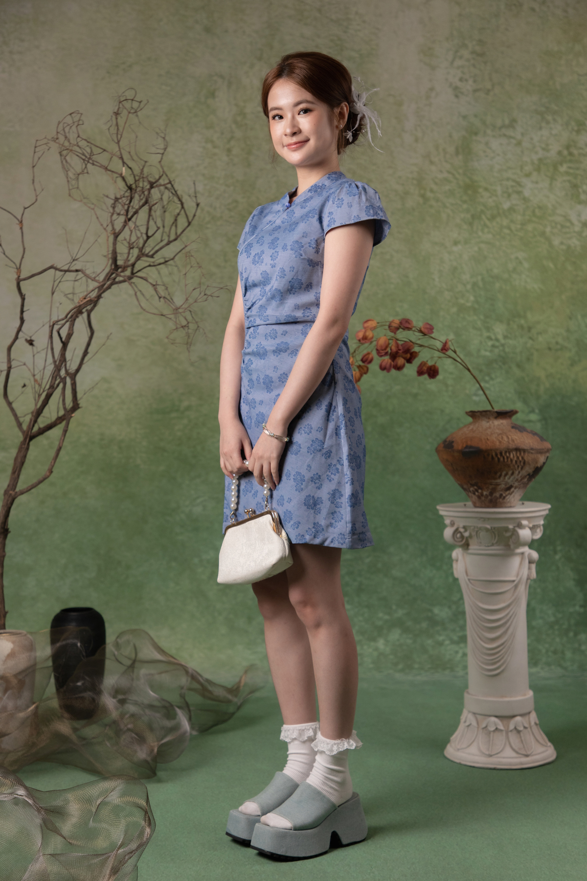 Aster Cheongsam Dress in Dusty Blue