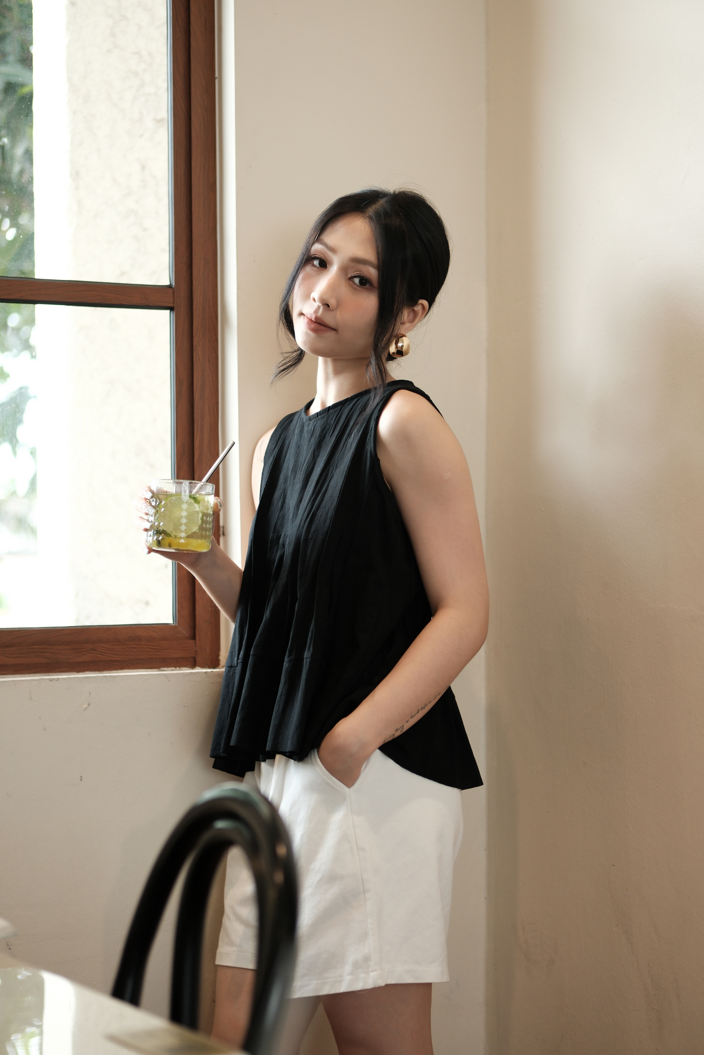 Margaux Pleated Swing Blouse in Black
