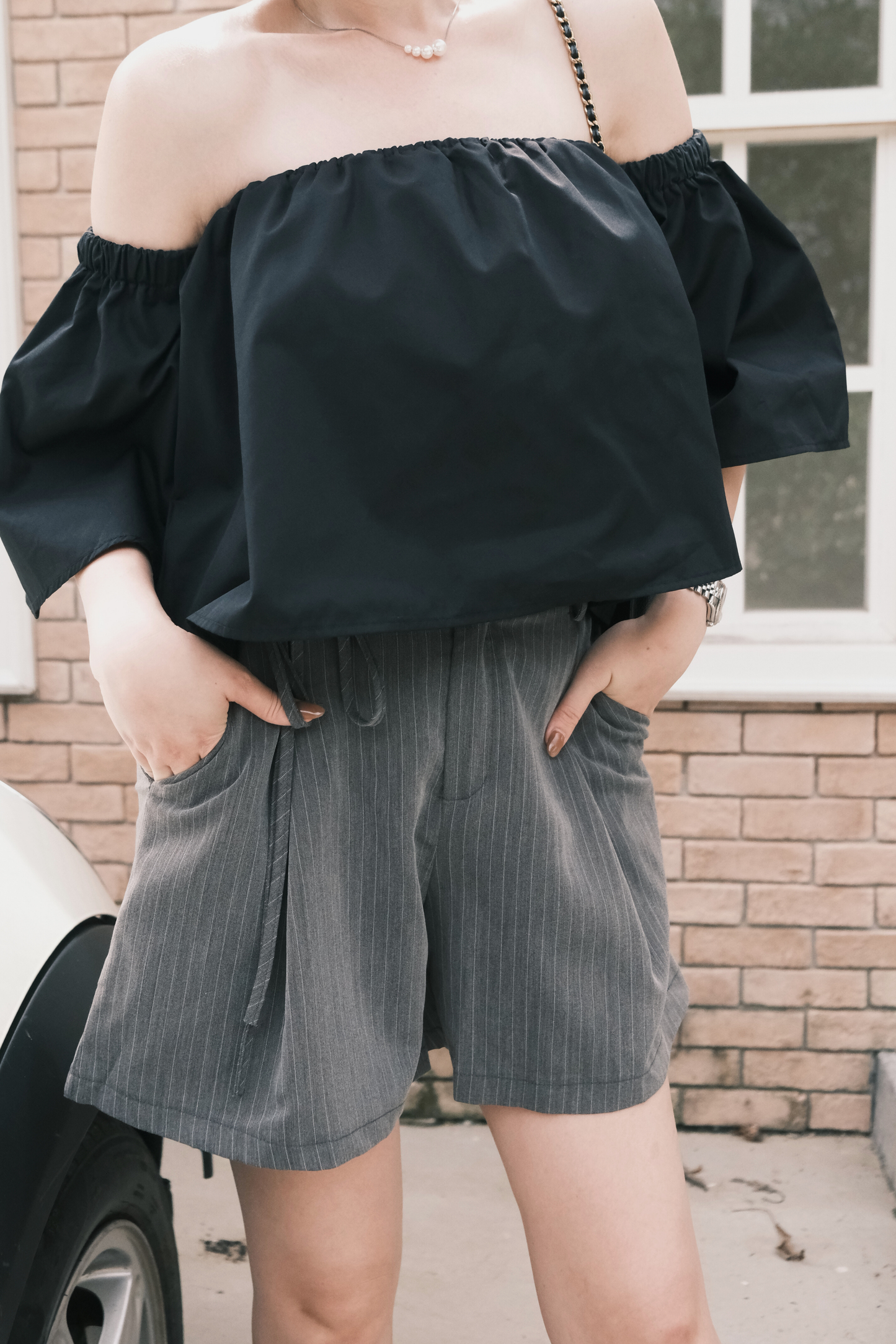 Amelie Pinstripe Tie-Waist Shorts in Grey