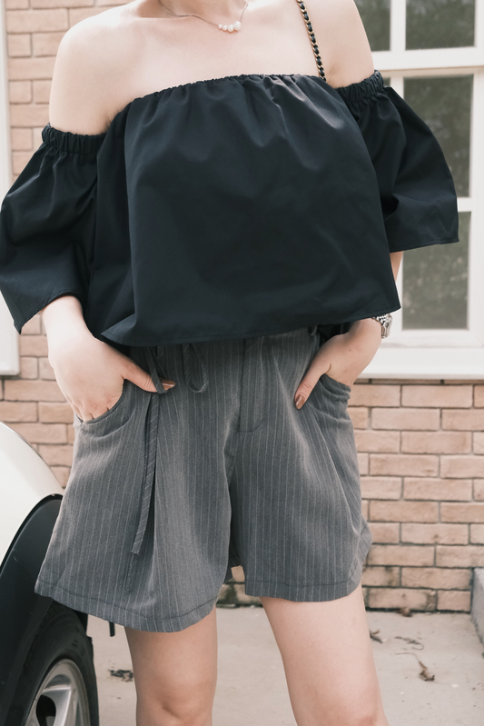 Amelie Pinstripe Tie-Waist Shorts in Grey