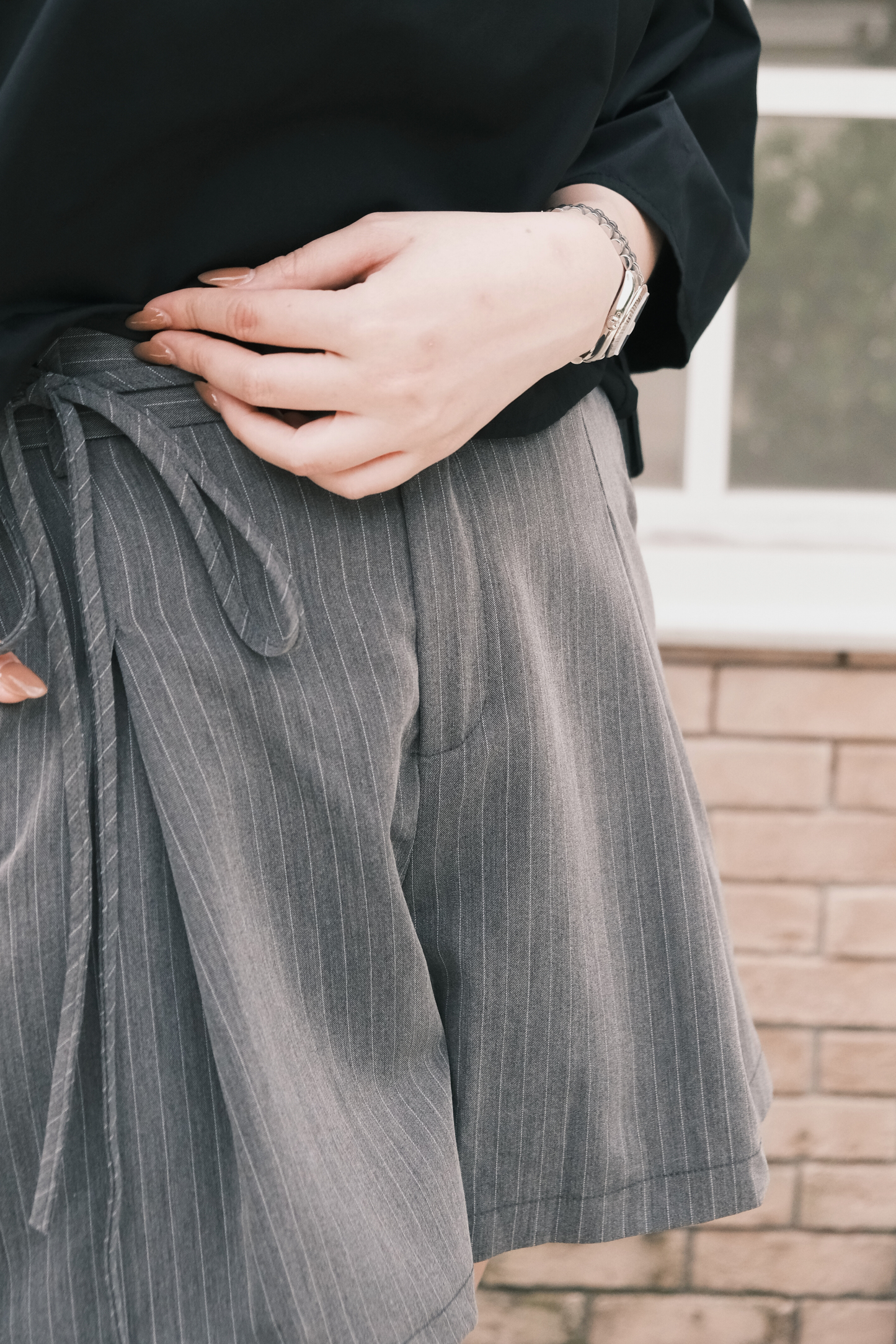 Amelie Pinstripe Tie-Waist Shorts in Grey