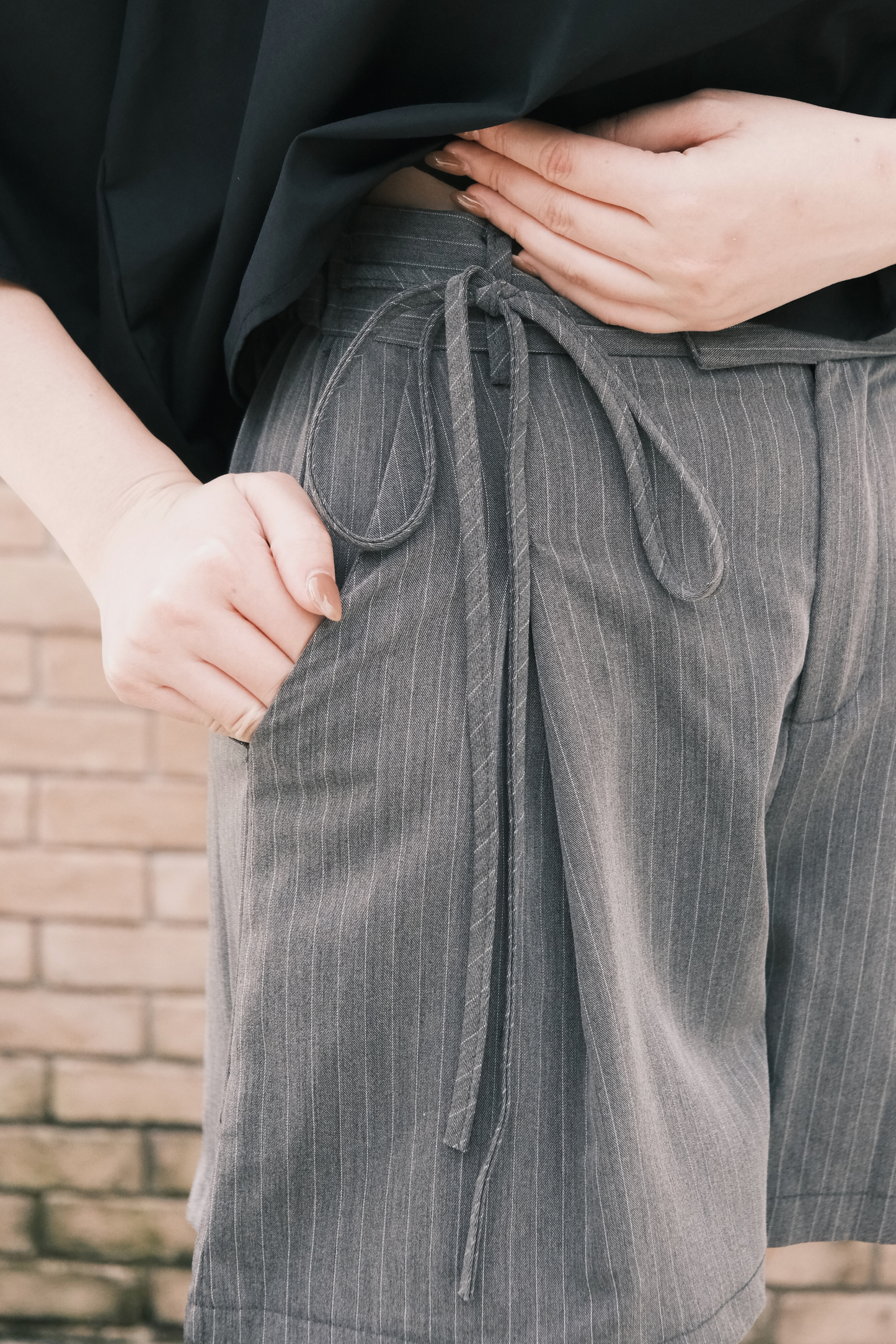 Amelie Pinstripe Tie-Waist Shorts in Grey