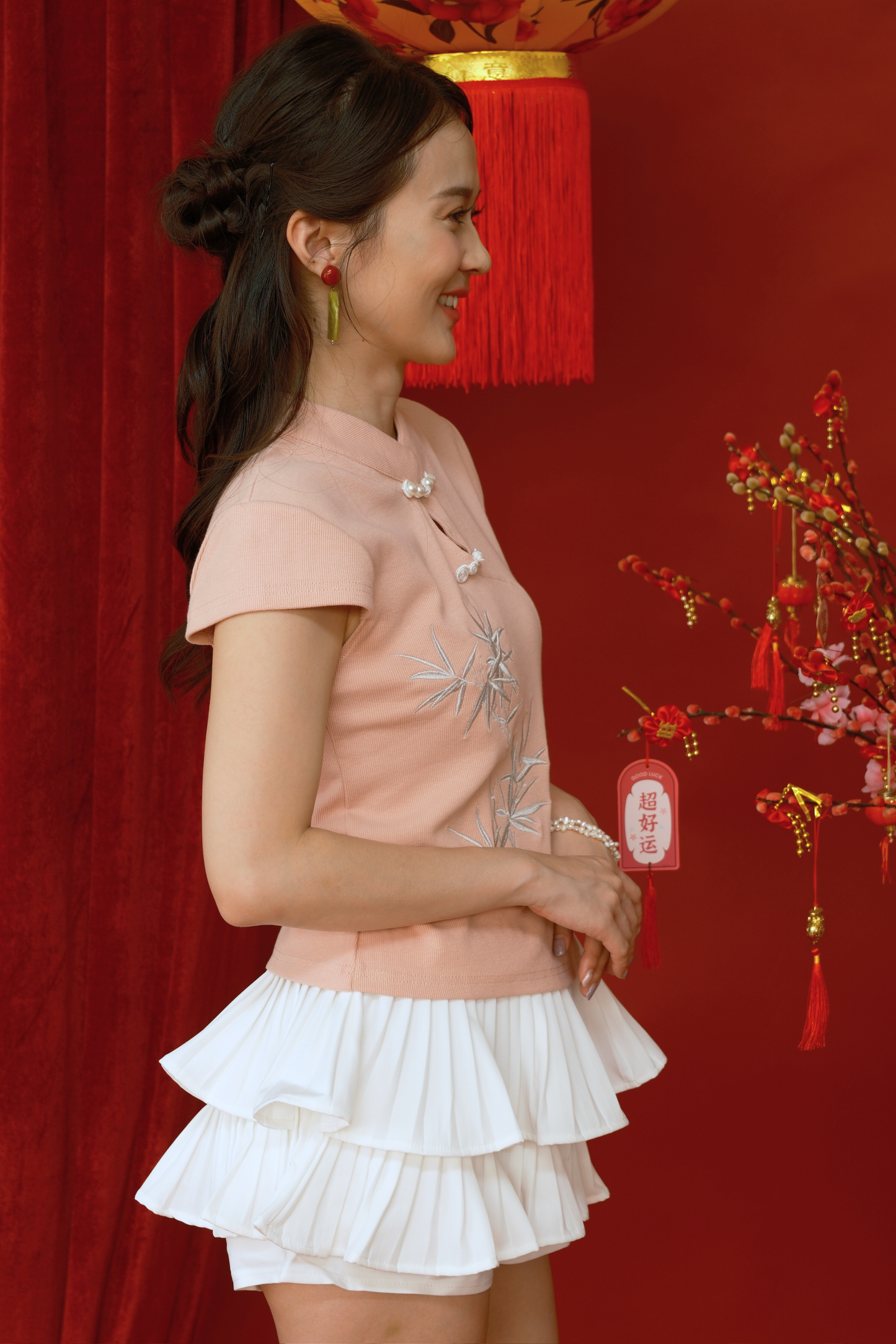 Pink Embroidered Cheongsam Top & Tiered Skirt Set (In-Stock)