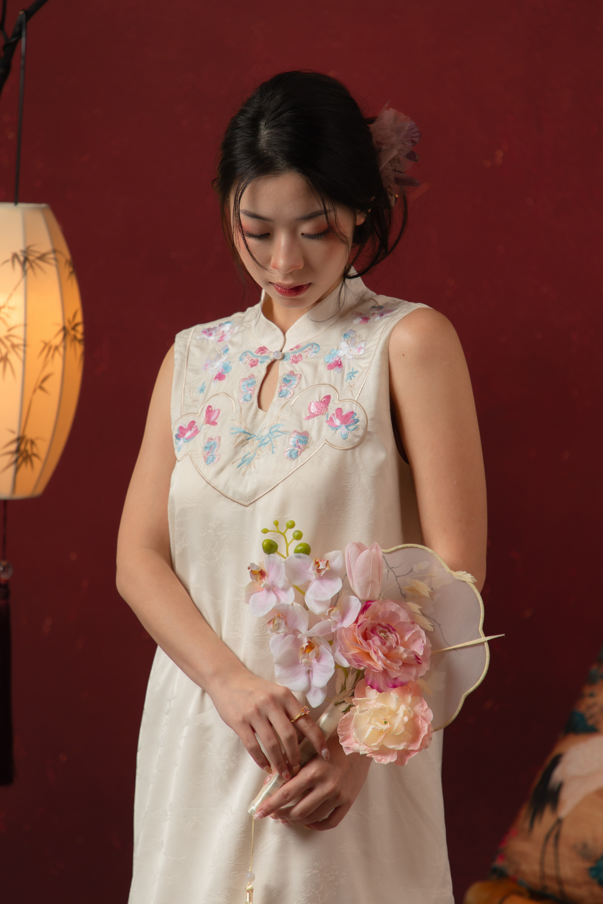 Butterfly Bloom Ruffle Cheongsam Dress in White