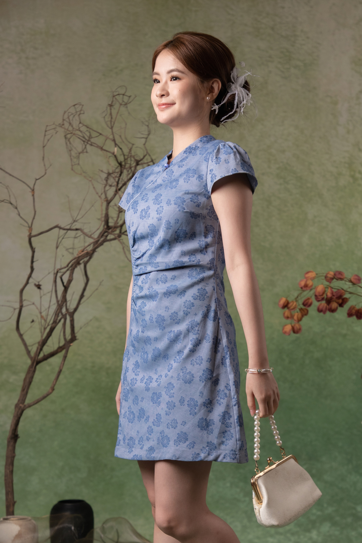Aster Cheongsam Dress in Dusty Blue
