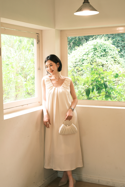 Lumière Ruched Satin Slip Dress in Beige