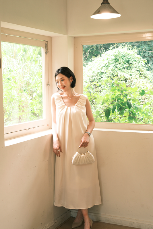 Lumière Ruched Satin Slip Dress in Beige