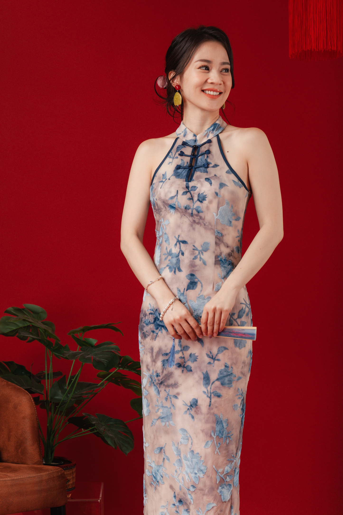 Elara Blue Jacquard Halter Dress (In-Stock)