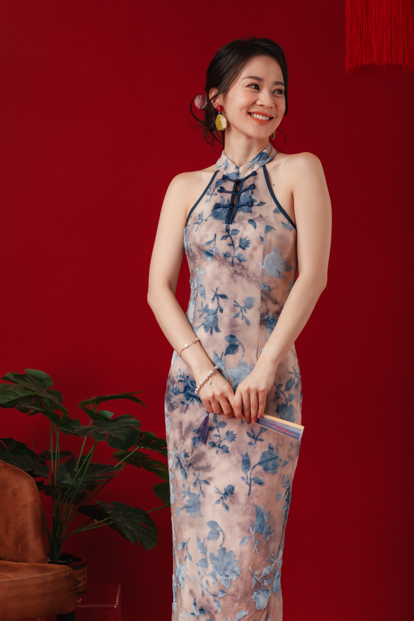 Elara Blue Jacquard Halter Dress (In-Stock)