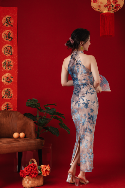 Elara Blue Jacquard Halter Dress (In-Stock)