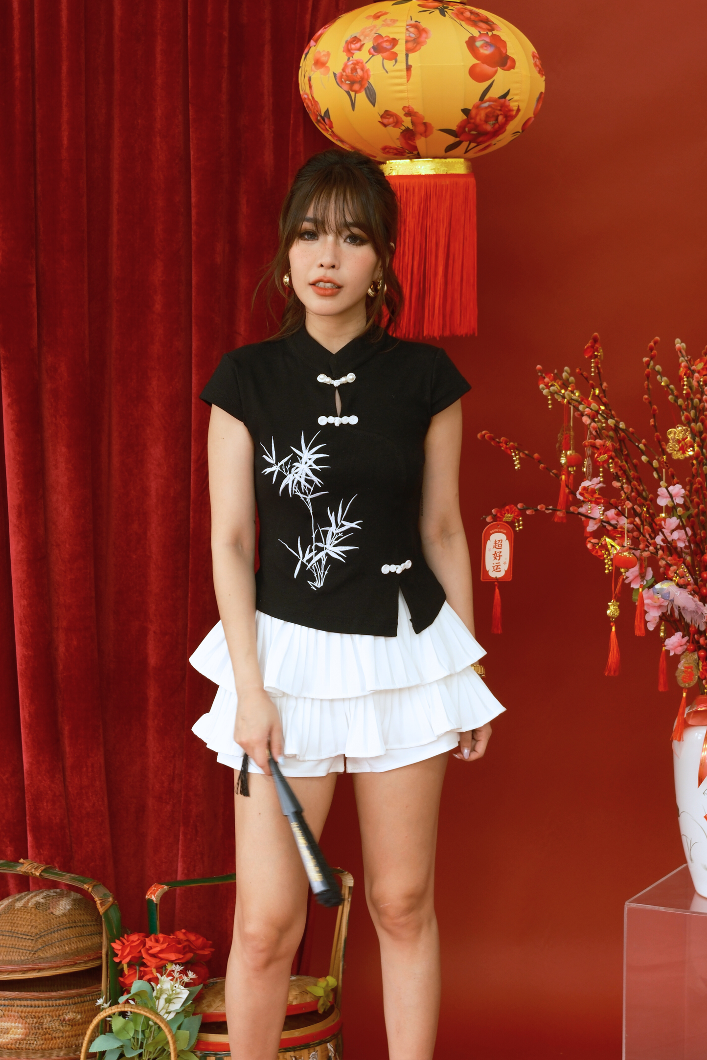 Black Embroidered Cheongsam Top & Tiered Skirt Set