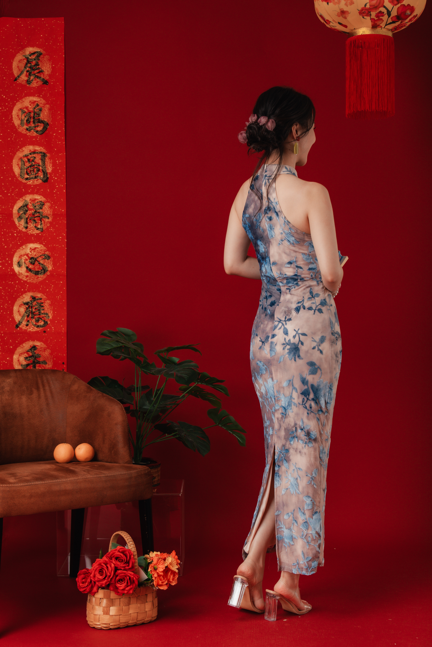 Elara Blue Jacquard Halter Dress (In-Stock)