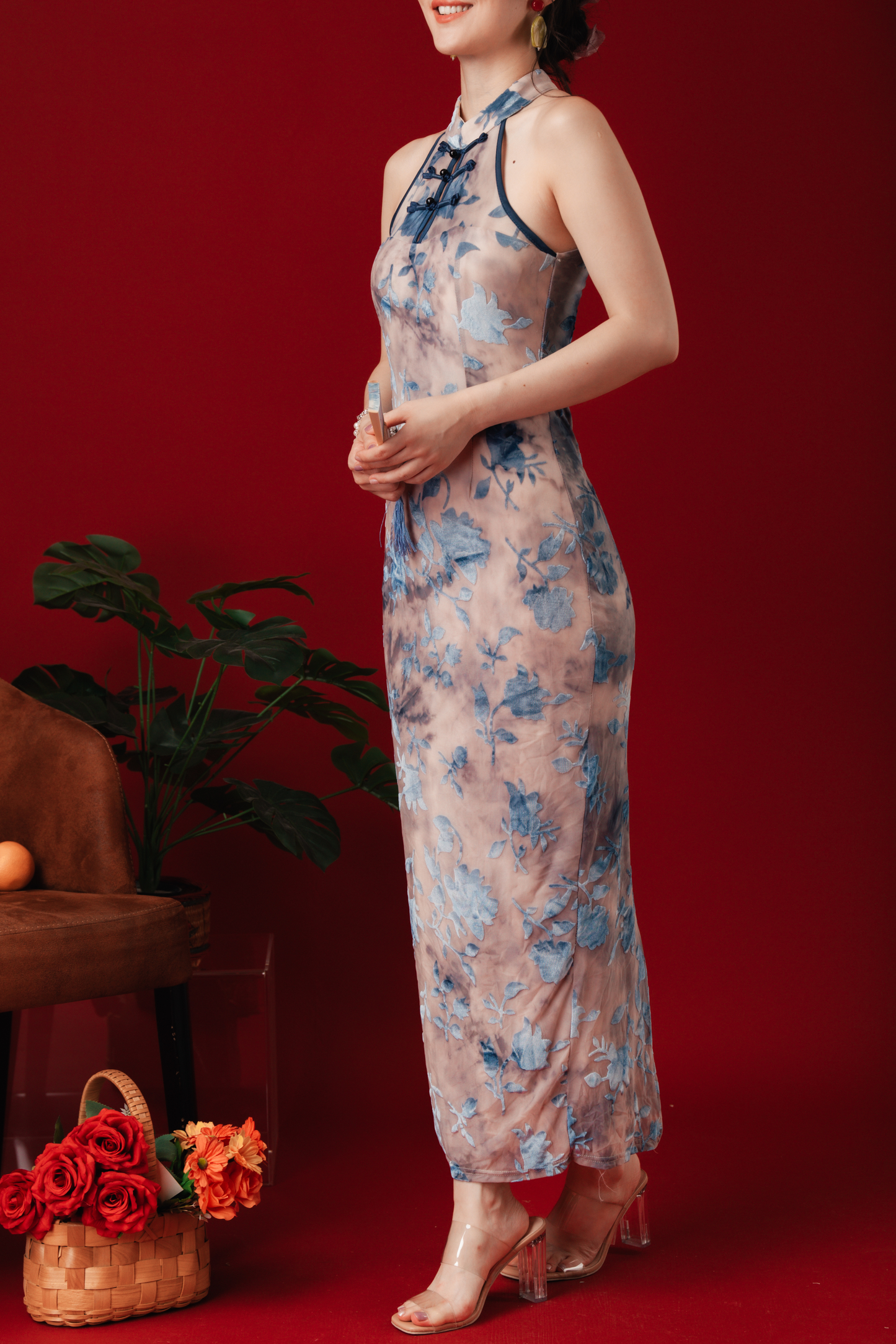 Elara Blue Jacquard Halter Dress (In-Stock)