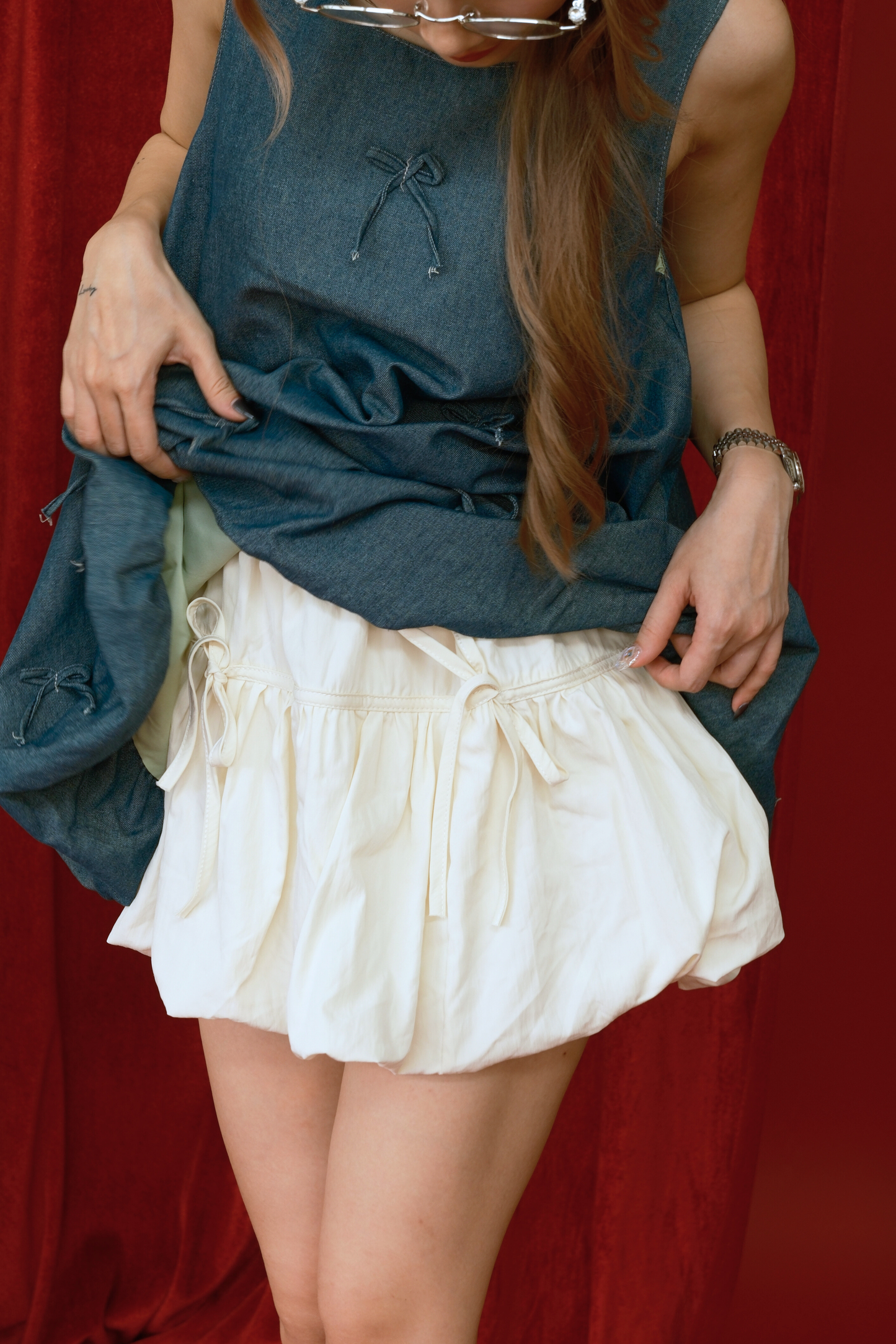 Bow Accent Denim Vest and Bloom Skirt Set