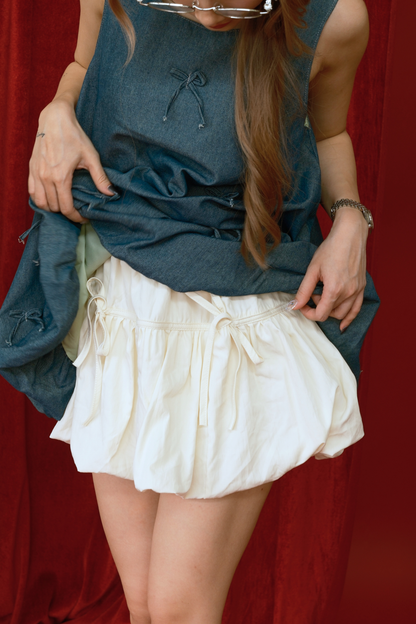 Bow Accent Denim Vest and Bloom Skirt Set