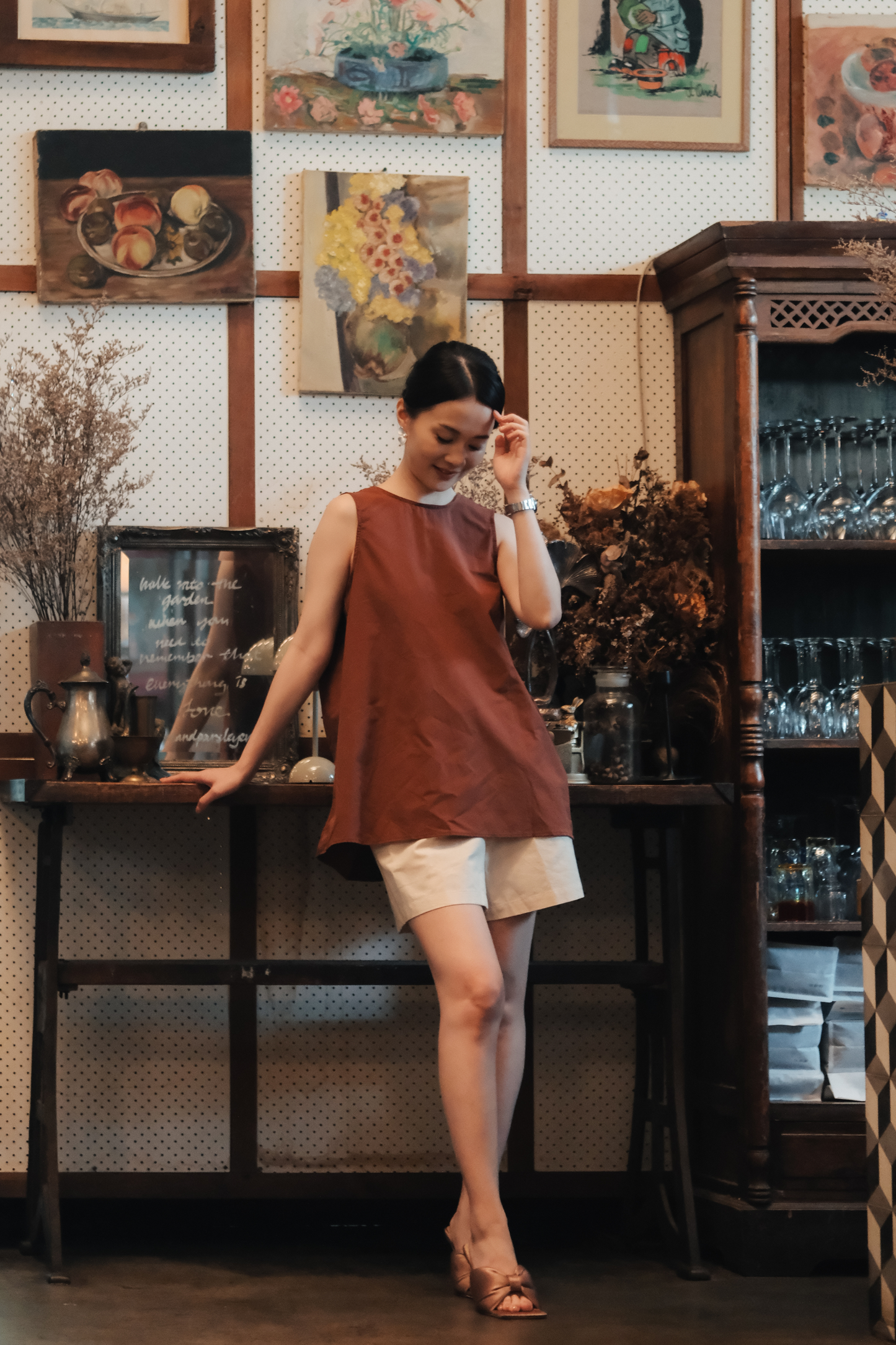 Inès Draped Back Knot Top in Coffee