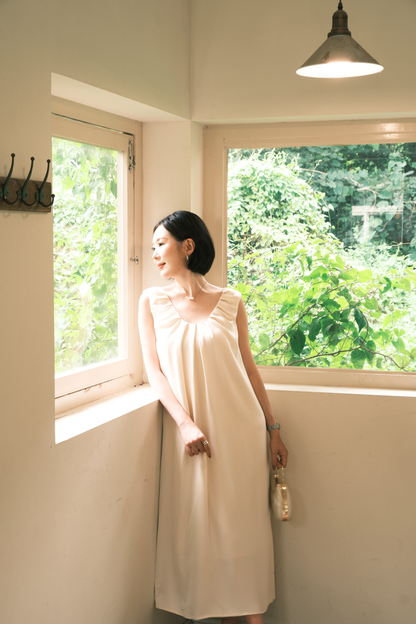 Lumière Ruched Satin Slip Dress in Beige