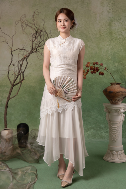 Nerissa Petal Cheongsam Dress in White