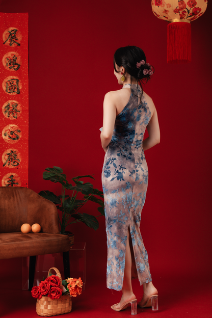 Elara Blue Jacquard Halter Dress (In-Stock)