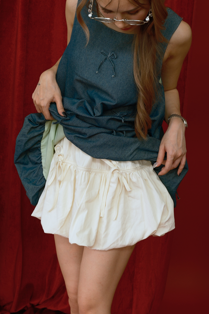 Bow Accent Denim Vest and Bloom Skirt Set