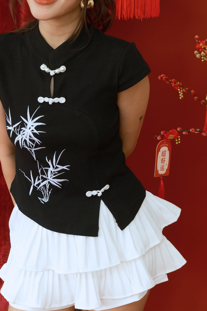 Black Embroidered Cheongsam Top & Tiered Skirt Set