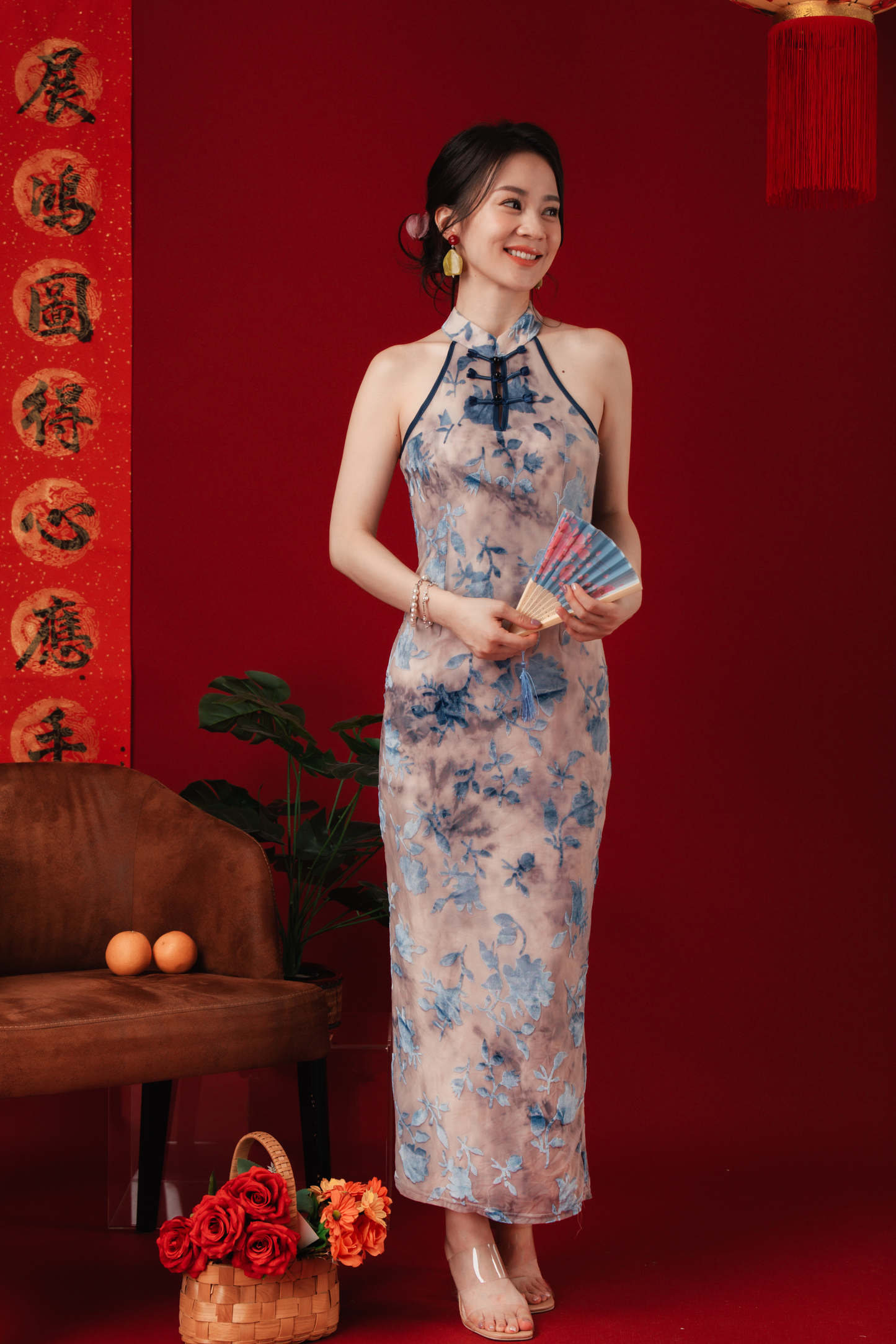 Elara Blue Jacquard Halter Dress (In-Stock)