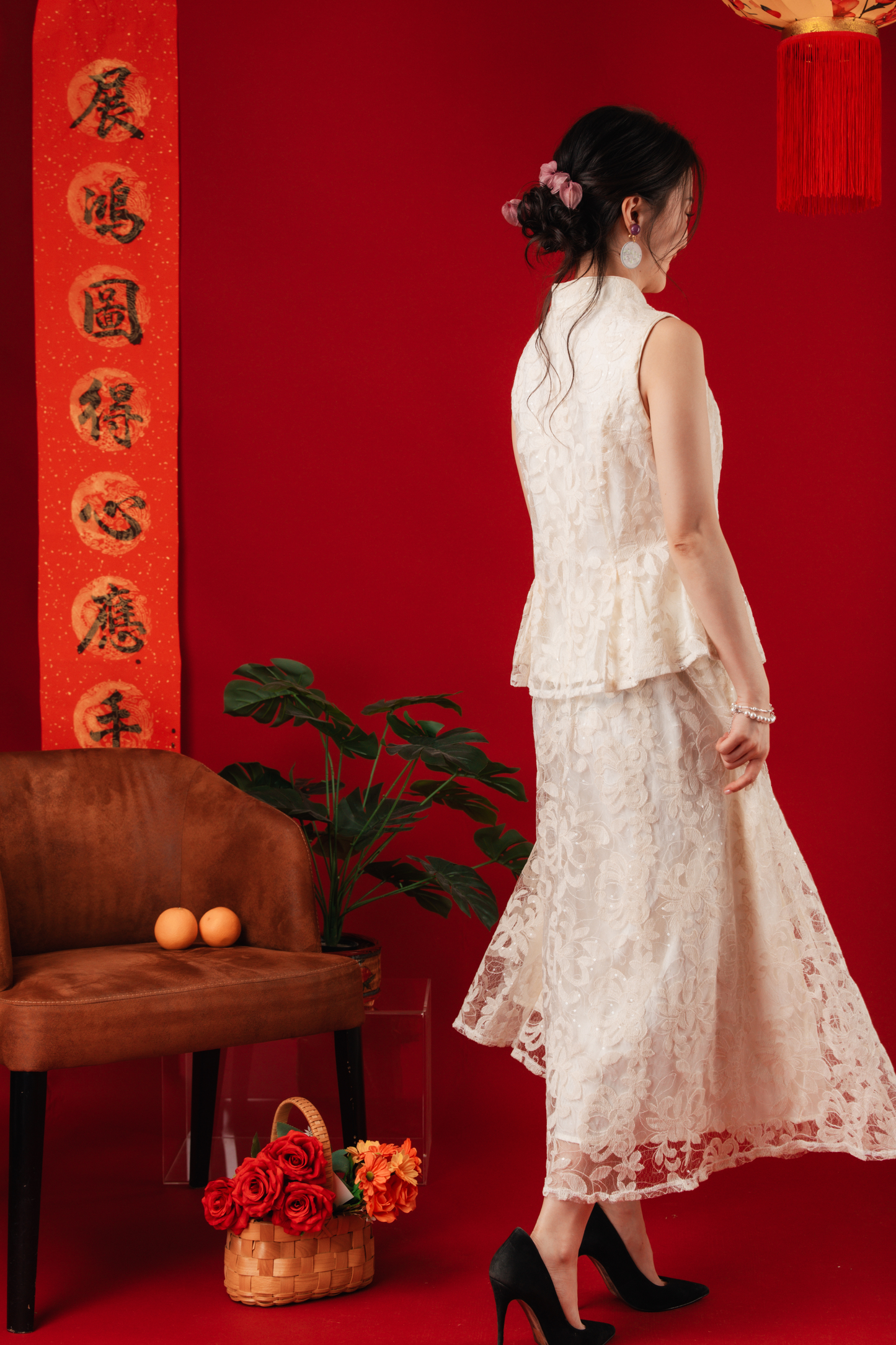Ivory Lace Peplum Top & Skirt Set