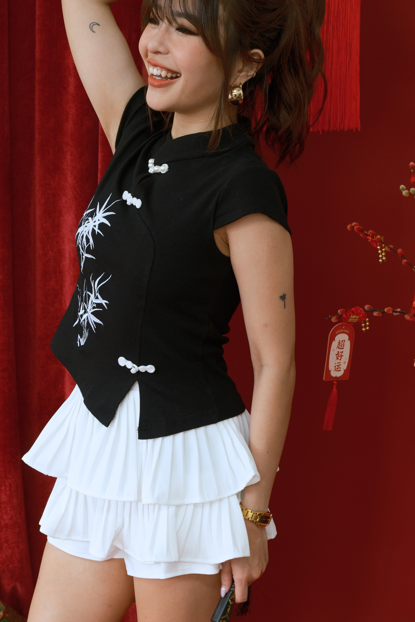 Black Embroidered Cheongsam Top & Tiered Skirt Set