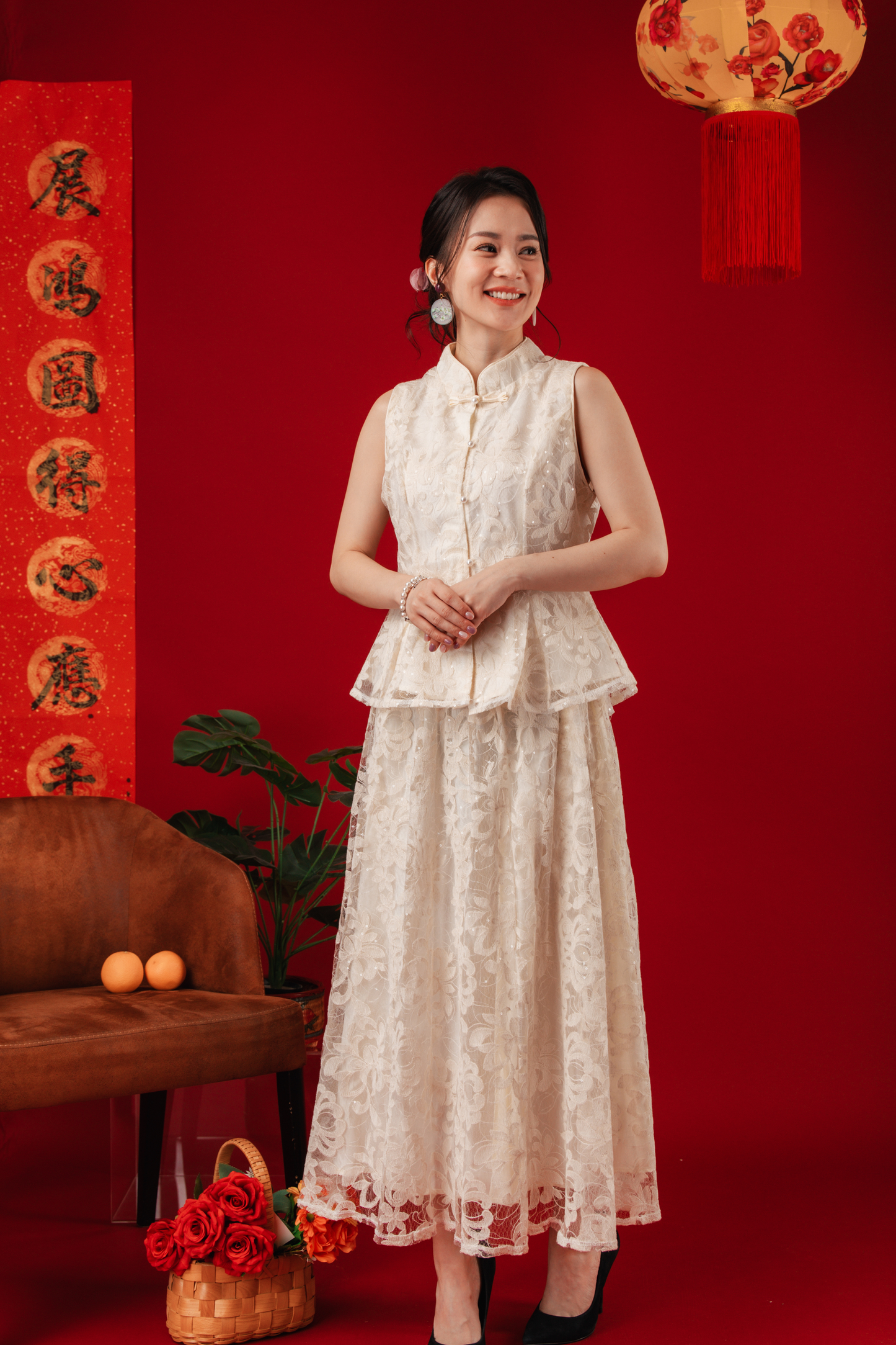 Ivory Lace Peplum Top & Skirt Set