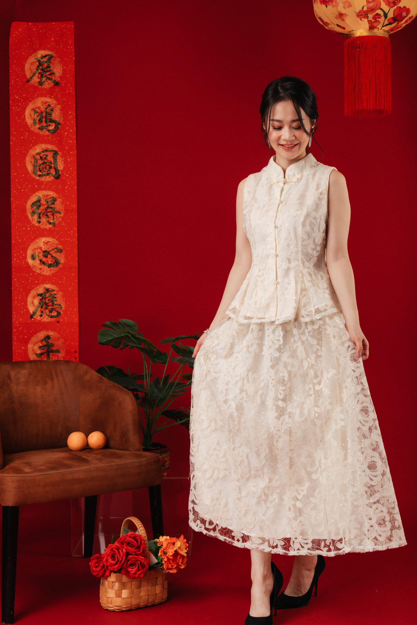 Ivory Lace Peplum Top & Skirt Set