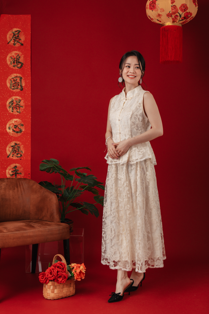Ivory Lace Peplum Top & Skirt Set