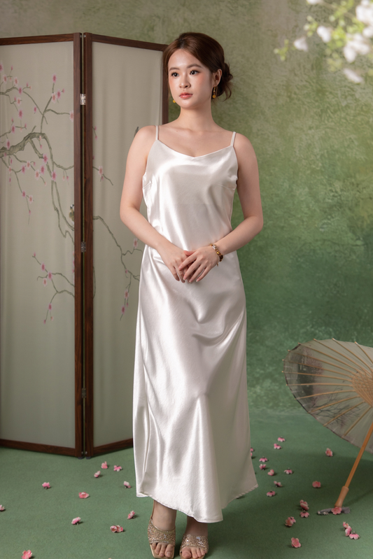 Silk Cascade Slip Dress in Ivory
