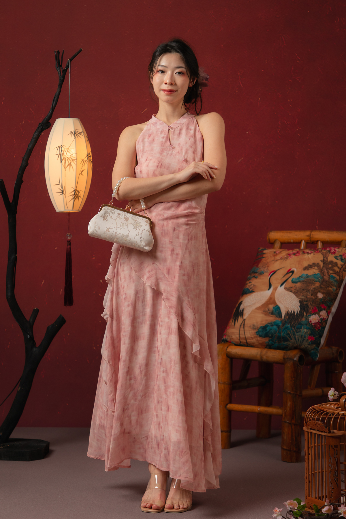 Rosalie Rêve Ruffle Cheongsam Dress in Dusty Rose