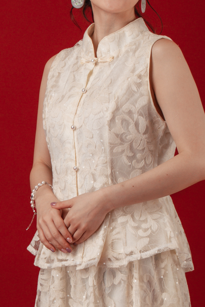Ivory Lace Peplum Top & Skirt Set
