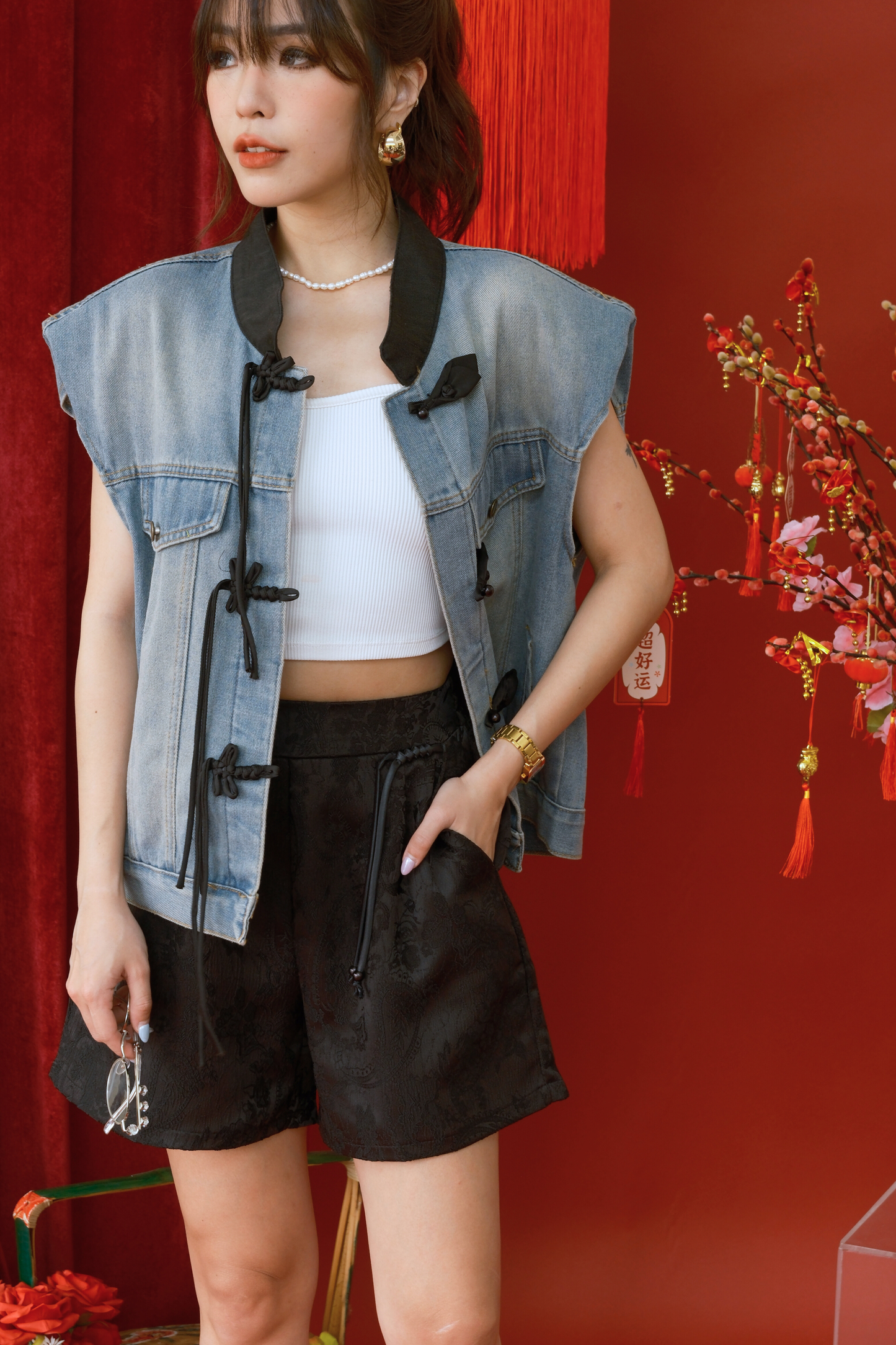 Celeste Brocade Tailored Shorts in Black (In-Stock)