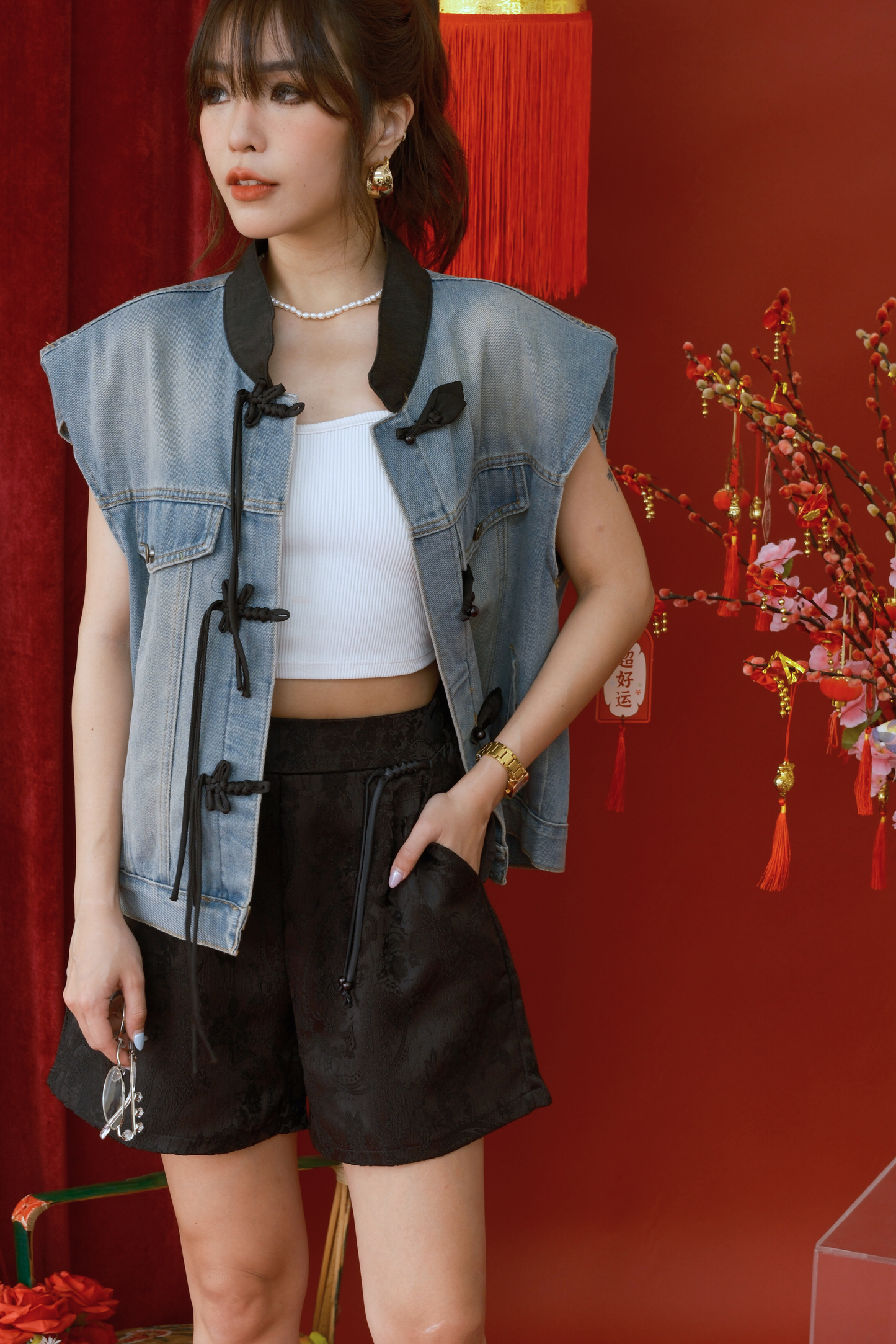 Celeste Brocade Tailored Shorts in Black (In-Stock)