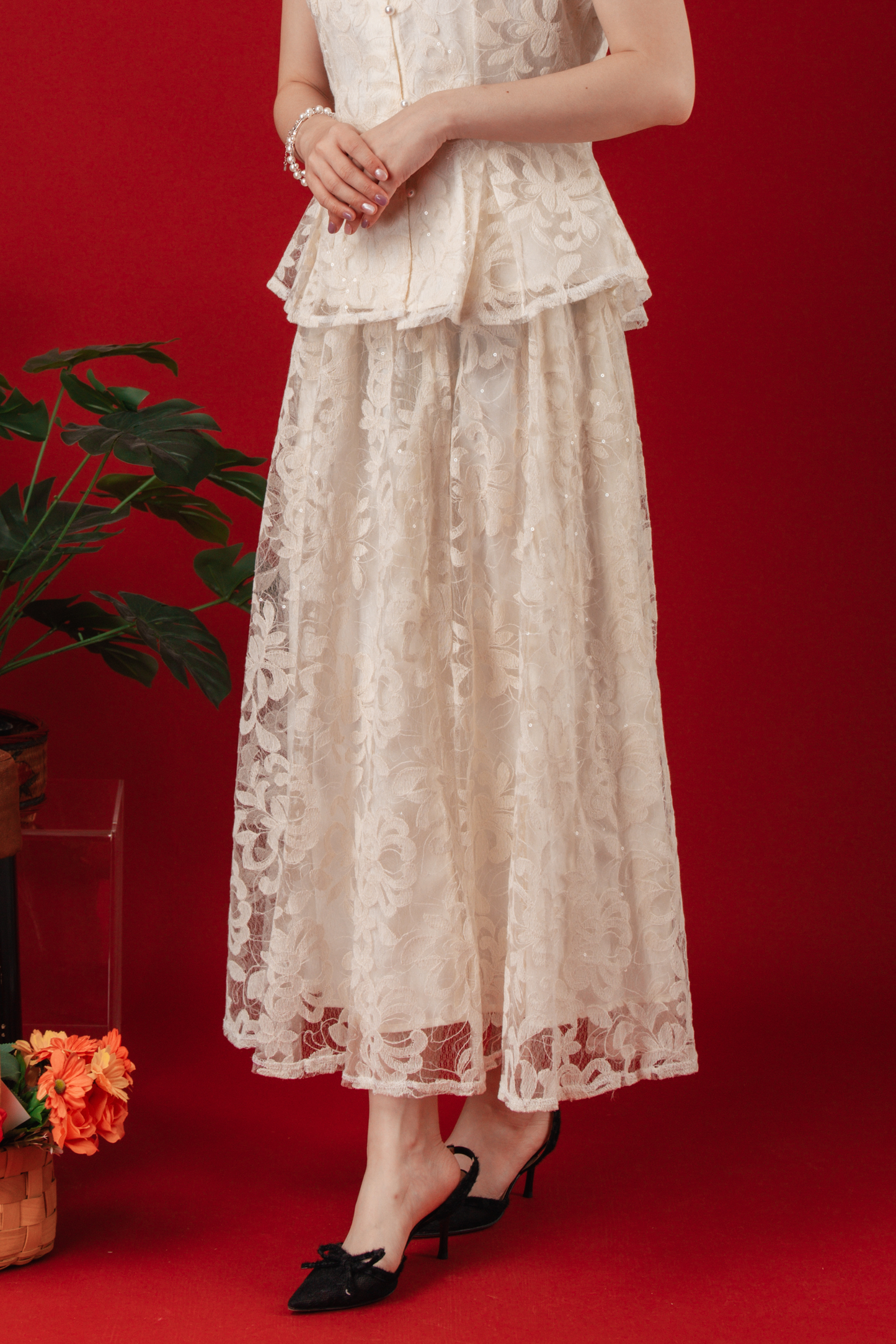 Ivory Lace Peplum Top & Skirt Set