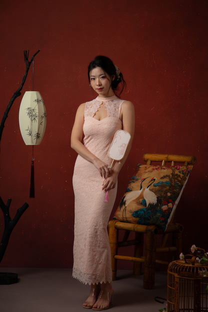 Roselle Lace Cheongsam Dress in Blush Pink