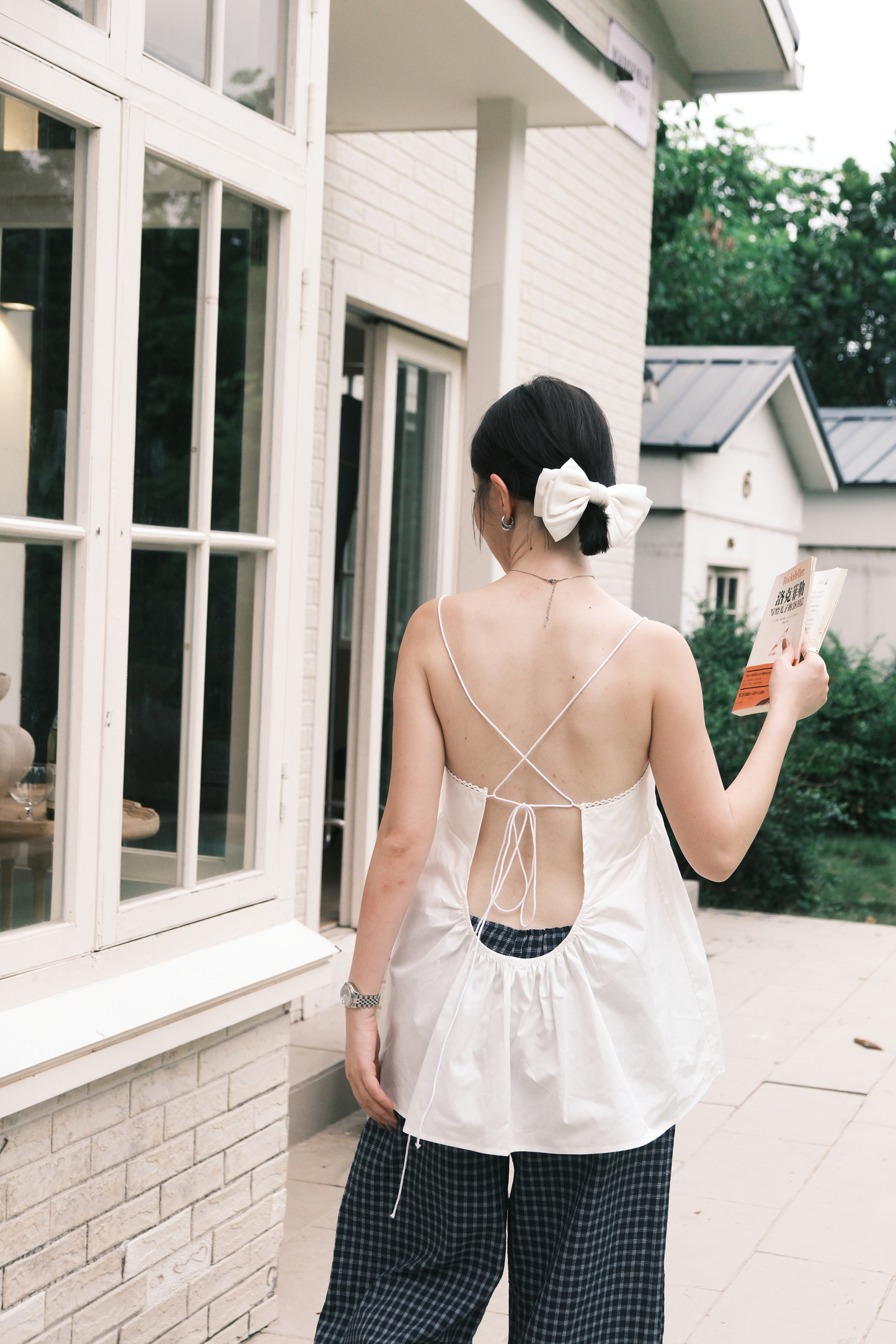 Isla Open-Back Lace Trim Cami Top in White