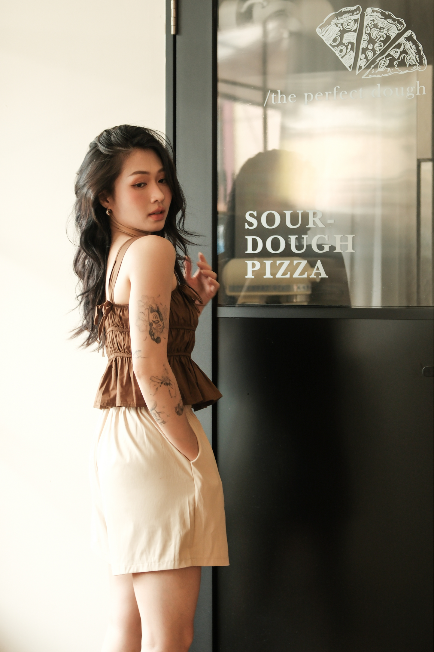 Amélie Ruched Bow Strap Top in Brown